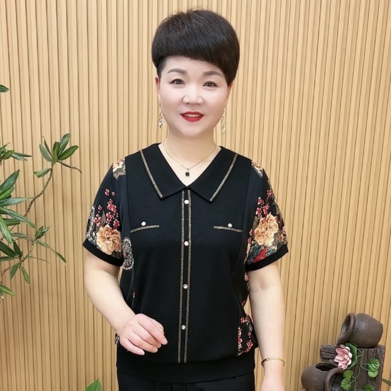 Дамска Ice Silk тениска с къс ръкав и поло яка, свободен силует за покриване на корема, елегантен стил, 50–70% полиестер