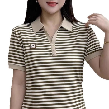 Ženski T-shirt kratkih rukava s polo ovratnikom, prugasti uzorak, ležernog kroja, poliester, standardna duljina 50–65 cm