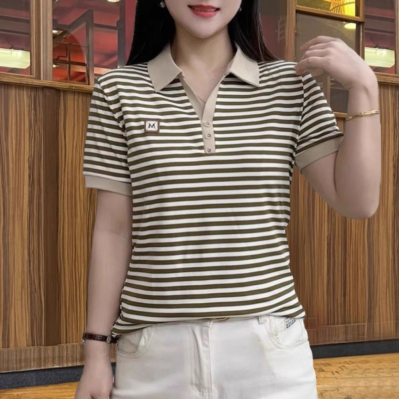 Ženski T-shirt kratkih rukava s polo ovratnikom, prugasti uzorak, ležernog kroja, poliester, standardna duljina 50–65 cm