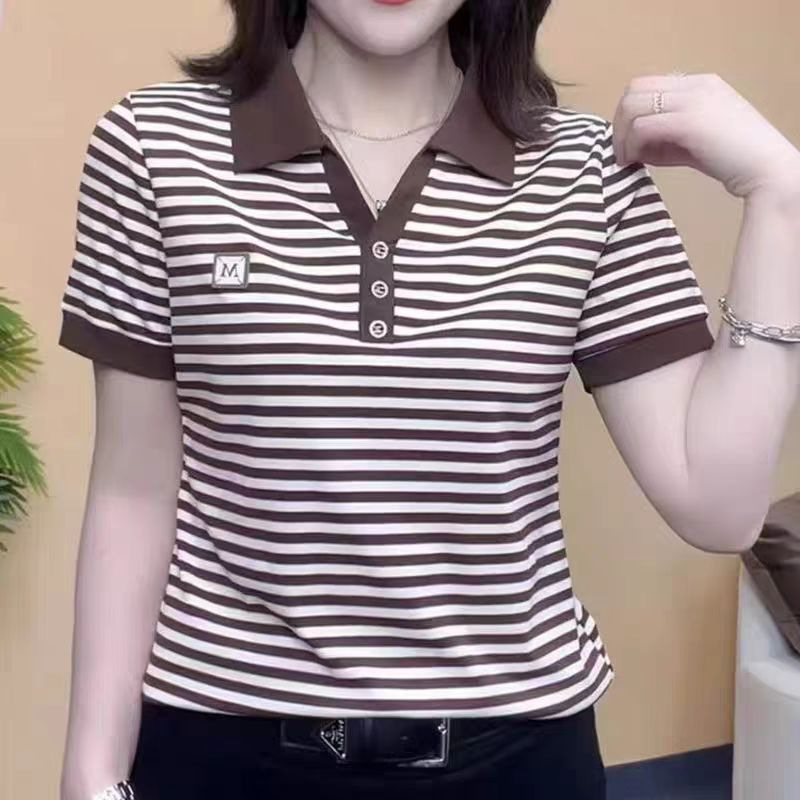 Ženski T-shirt kratkih rukava s polo ovratnikom, prugasti uzorak, ležernog kroja, poliester, standardna duljina 50–65 cm