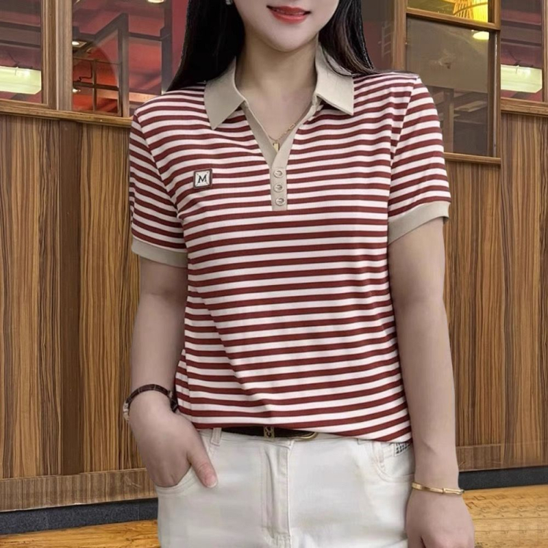 Ženski T-shirt kratkih rukava s polo ovratnikom, prugasti uzorak, ležernog kroja, poliester, standardna duljina 50–65 cm