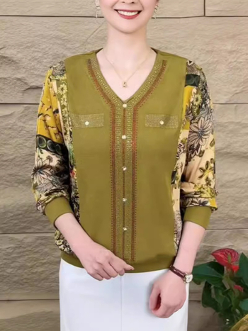 Есенна женска тениска с дълги ръкави, V-образно деколте, украса с кристали, принт, покрива корема и стяга силуета