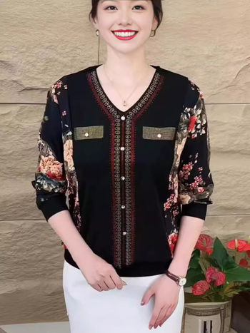 Есенна женска тениска с дълги ръкави, V-образно деколте, украса с кристали, принт, покрива корема и стяга силуета