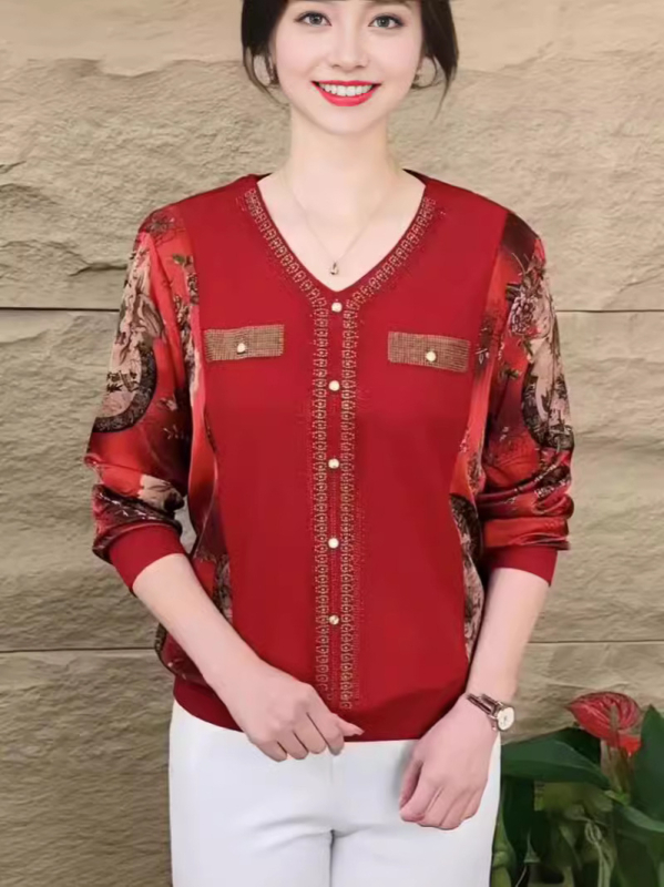 Есенна женска тениска с дълги ръкави, V-образно деколте, украса с кристали, принт, покрива корема и стяга силуета