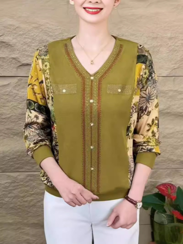 Есенна женска тениска с дълги ръкави, V-образно деколте, украса с кристали, принт, покрива корема и стяга силуета