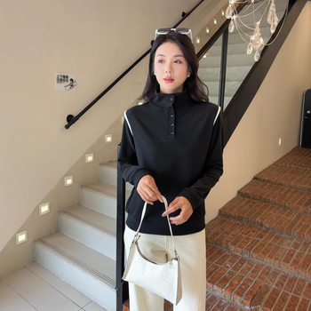 Majica s Derong velurom na poliesterskoj tkanini, dugi rukav, ovratnik s dugmetom, jednobojna, casual japansko-korejski stil