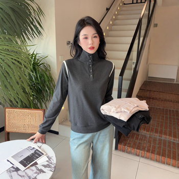 Majica s Derong velurom na poliesterskoj tkanini, dugi rukav, ovratnik s dugmetom, jednobojna, casual japansko-korejski stil