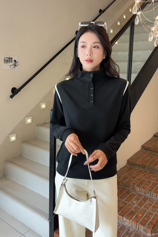 Majica s Derong velurom na poliesterskoj tkanini, dugi rukav, ovratnik s dugmetom, jednobojna, casual japansko-korejski stil