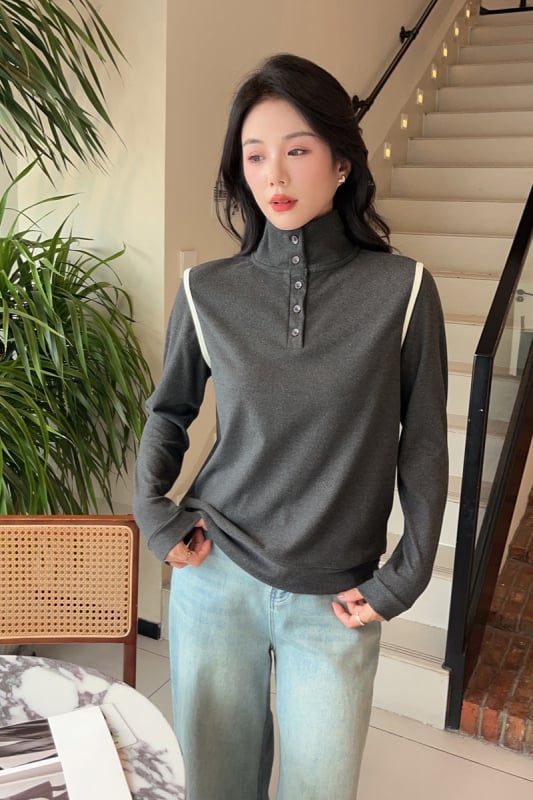 Majica s Derong velurom na poliesterskoj tkanini, dugi rukav, ovratnik s dugmetom, jednobojna, casual japansko-korejski stil