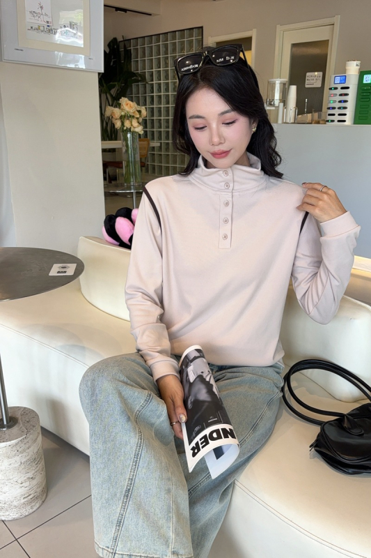 Majica s Derong velurom na poliesterskoj tkanini, dugi rukav, ovratnik s dugmetom, jednobojna, casual japansko-korejski stil
