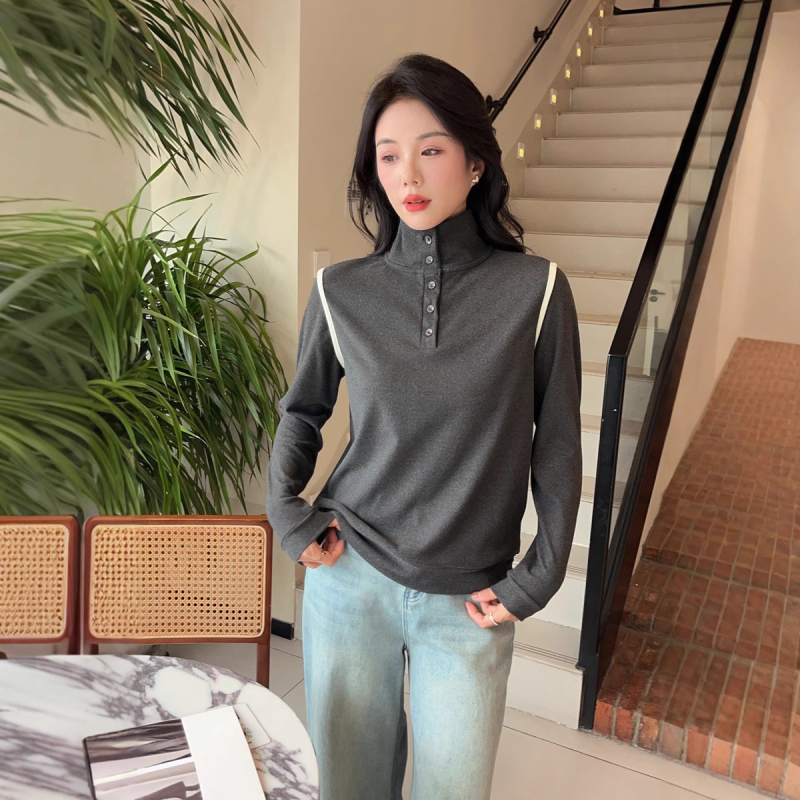 Majica s Derong velurom na poliesterskoj tkanini, dugi rukav, ovratnik s dugmetom, jednobojna, casual japansko-korejski stil