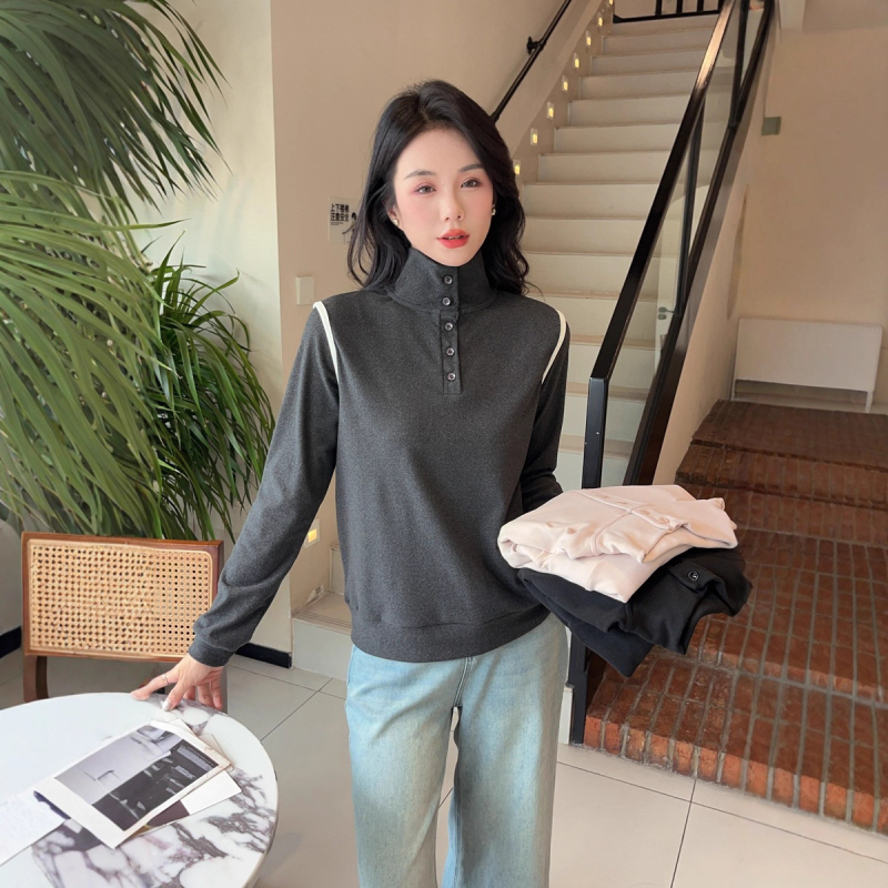 Majica s Derong velurom na poliesterskoj tkanini, dugi rukav, ovratnik s dugmetom, jednobojna, casual japansko-korejski stil