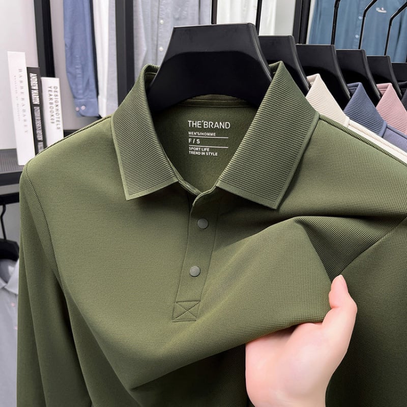 Muški dugačko rukava T‑shirt s waffle pleteninom, polo ovratnik, opuštena silueta, jesen 2025 (Najlon; mješavina kemijskih vlakana)
