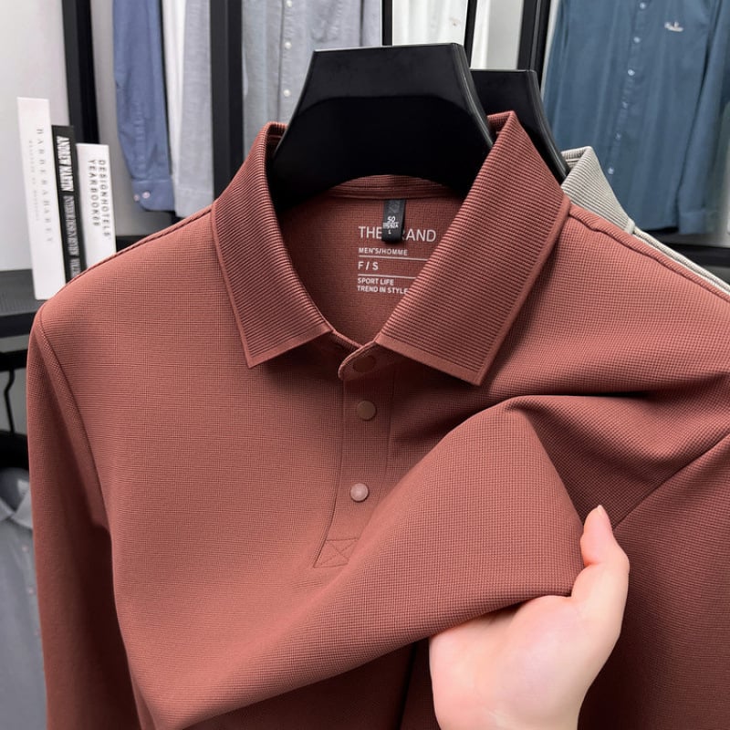Muški dugačko rukava T‑shirt s waffle pleteninom, polo ovratnik, opuštena silueta, jesen 2025 (Najlon; mješavina kemijskih vlakana)