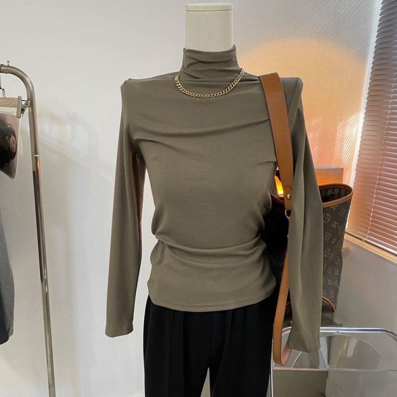 Ribana pamučna majica s dugim rukavima, stojeći ovratnik, oversize kroj, vez