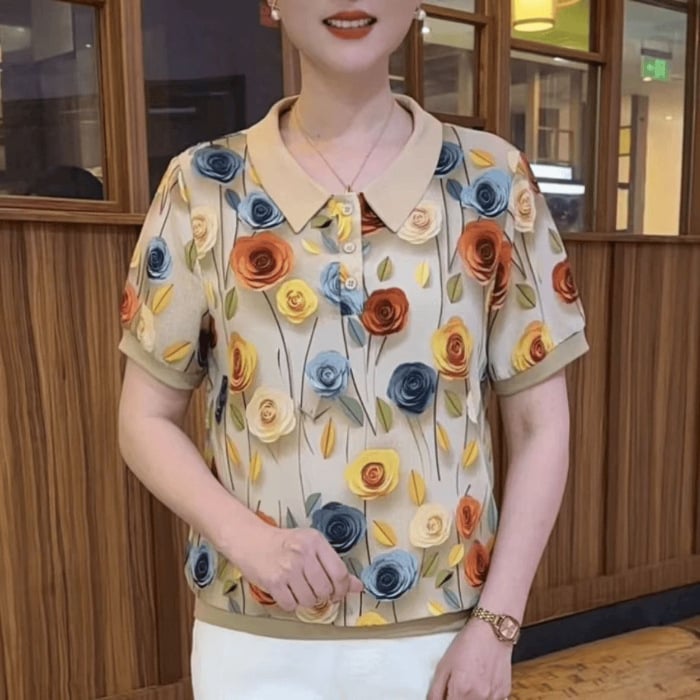 Топ с поло яка, къс ръкав, полиестер 70–80%, принцес стил