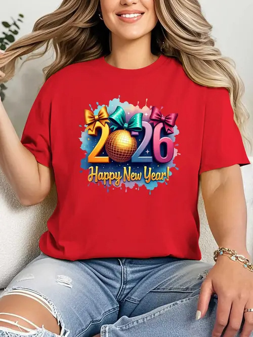 Ženski pamukasti T-shirt s kratkim rukavima za 2026. Novu godinu i Božić – tisak, za obitelj ili par