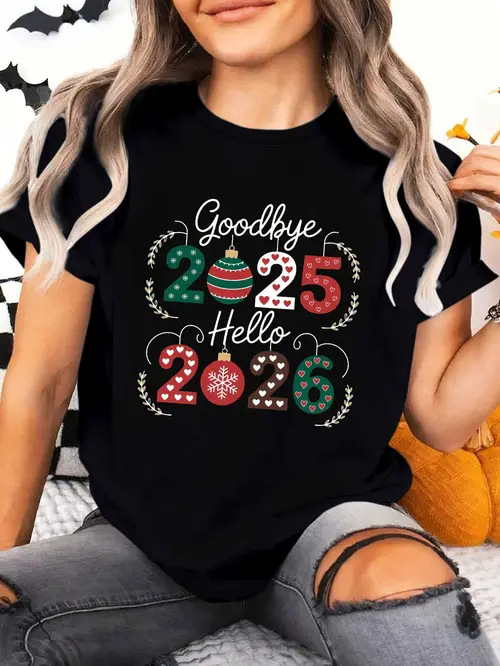 Ženski pamukasti T-shirt s kratkim rukavima za 2026. Novu godinu i Božić – tisak, za obitelj ili par