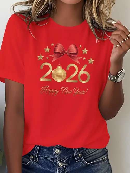 Ženski pamukasti T-shirt s kratkim rukavima za 2026. Novu godinu i Božić – tisak, za obitelj ili par