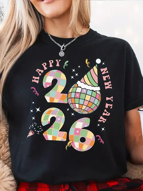 Ženski pamukasti T-shirt s kratkim rukavima za 2026. Novu godinu i Božić – tisak, za obitelj ili par