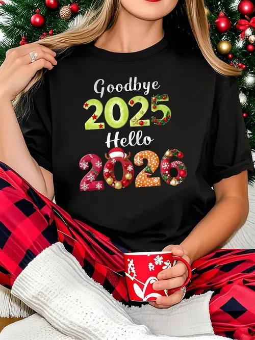 Ženski pamukasti T-shirt s kratkim rukavima za 2026. Novu godinu i Božić – tisak, za obitelj ili par