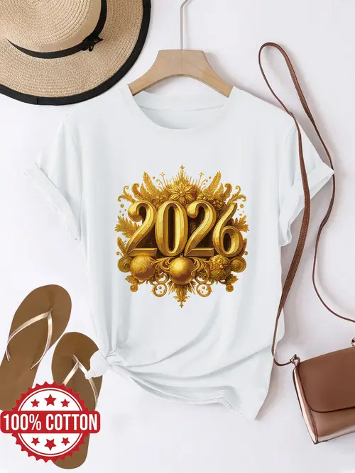 Ženski pamukasti T-shirt s kratkim rukavima za 2026. Novu godinu i Božić – tisak, za obitelj ili par