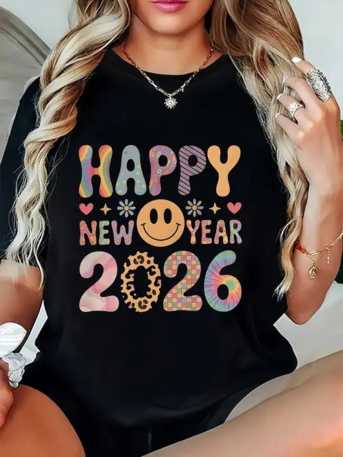 Ženski pamukasti T-shirt s kratkim rukavima za 2026. Novu godinu i Božić – tisak, za obitelj ili par