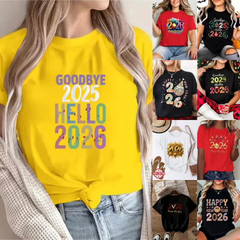 Ženski pamukasti T-shirt s kratkim rukavima za 2026. Novu godinu i Božić – tisak, za obitelj ili par