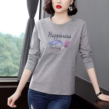 Дамска блуза с дълъг ръкав, кръгло деколте, принт с текст, ежедневен стил, смес памук и полиестер (50–70% памук, 30–50% полиестер), дължина 50–65 см