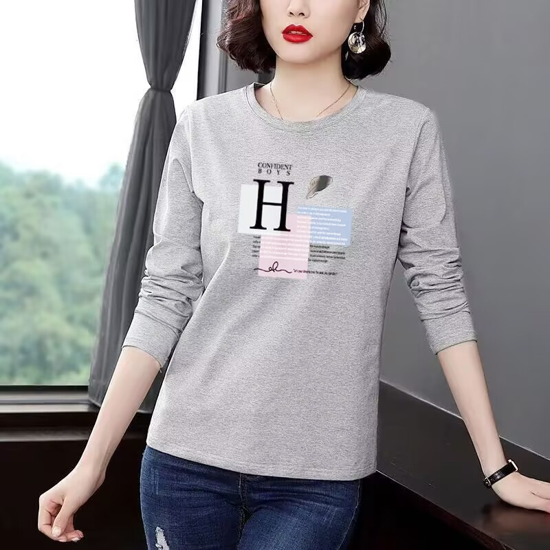 Дамска блуза с дълъг ръкав, кръгло деколте, принт с текст, ежедневен стил, смес памук и полиестер (50–70% памук, 30–50% полиестер), дължина 50–65 см