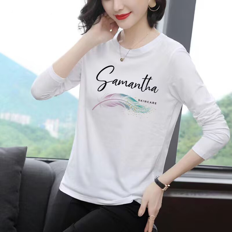 Дамска блуза с дълъг ръкав, кръгло деколте, принт с текст, ежедневен стил, смес памук и полиестер (50–70% памук, 30–50% полиестер), дължина 50–65 см