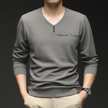 Vyriški marškinėliai su V formos iškirpte, ilgomis rankovėmis, geometriniu spaudu, poliesterio-elastano mišinys, pavasaris ir ruduo.