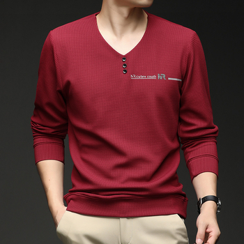 Vyriški marškinėliai su V formos iškirpte, ilgomis rankovėmis, geometriniu spaudu, poliesterio-elastano mišinys, pavasaris ir ruduo.