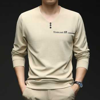 Vyriški marškinėliai su V formos iškirpte, ilgomis rankovėmis, geometriniu spaudu, poliesterio-elastano mišinys, pavasaris ir ruduo.