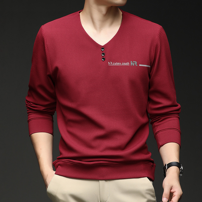 Vyriški marškinėliai su V formos iškirpte, ilgomis rankovėmis, geometriniu spaudu, poliesterio-elastano mišinys, pavasaris ir ruduo.