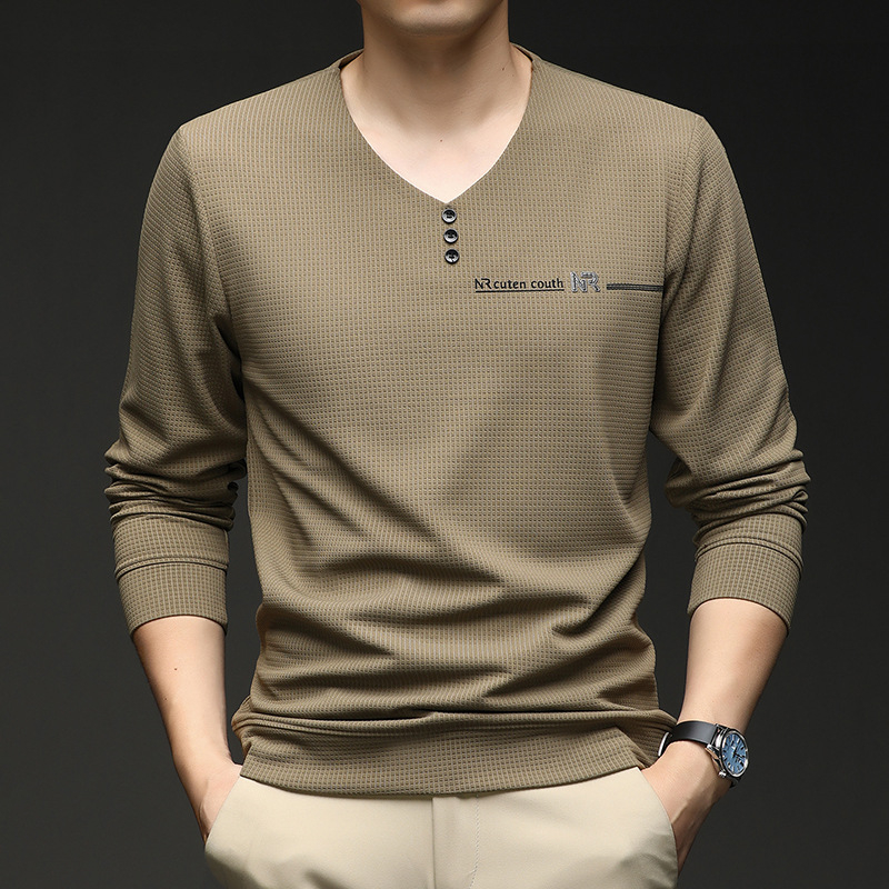 Vyriški marškinėliai su V formos iškirpte, ilgomis rankovėmis, geometriniu spaudu, poliesterio-elastano mišinys, pavasaris ir ruduo.