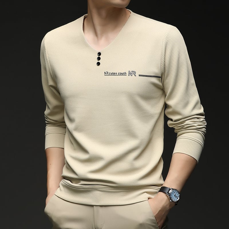Vyriški marškinėliai su V formos iškirpte, ilgomis rankovėmis, geometriniu spaudu, poliesterio-elastano mišinys, pavasaris ir ruduo.