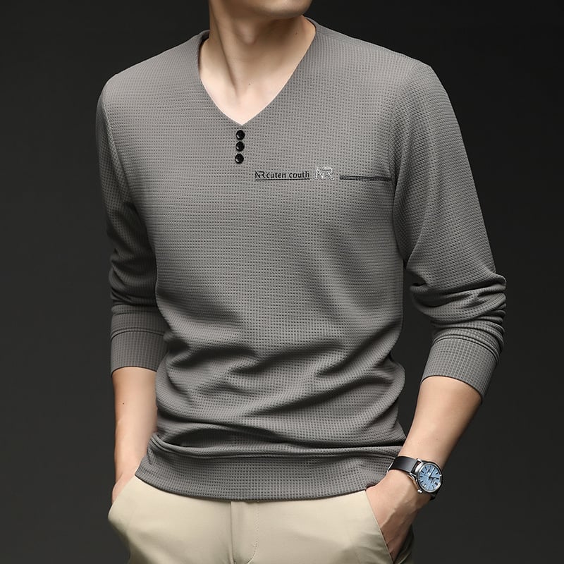 Vyriški marškinėliai su V formos iškirpte, ilgomis rankovėmis, geometriniu spaudu, poliesterio-elastano mišinys, pavasaris ir ruduo.