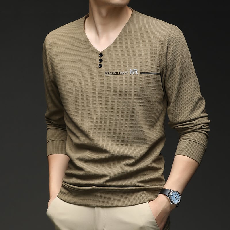 Vyriški marškinėliai su V formos iškirpte, ilgomis rankovėmis, geometriniu spaudu, poliesterio-elastano mišinys, pavasaris ir ruduo.