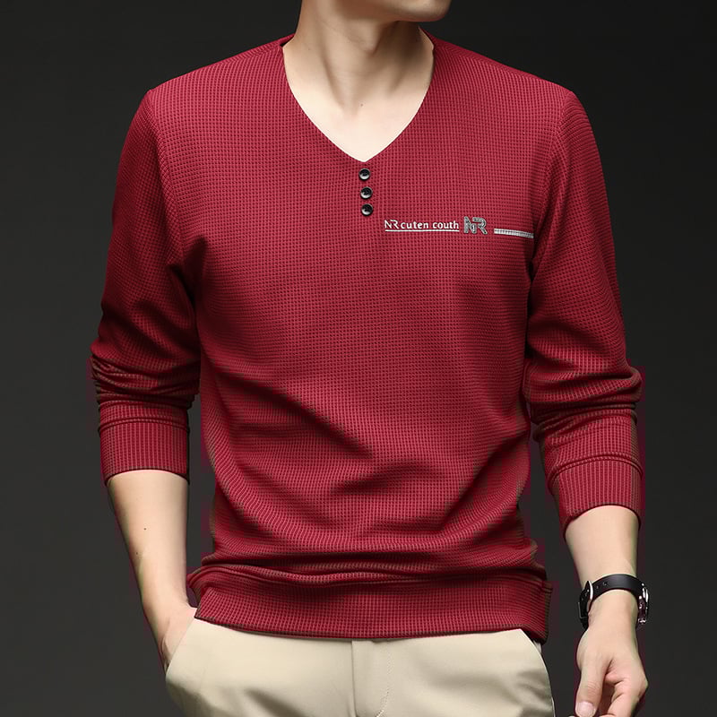 Vyriški marškinėliai su V formos iškirpte, ilgomis rankovėmis, geometriniu spaudu, poliesterio-elastano mišinys, pavasaris ir ruduo.