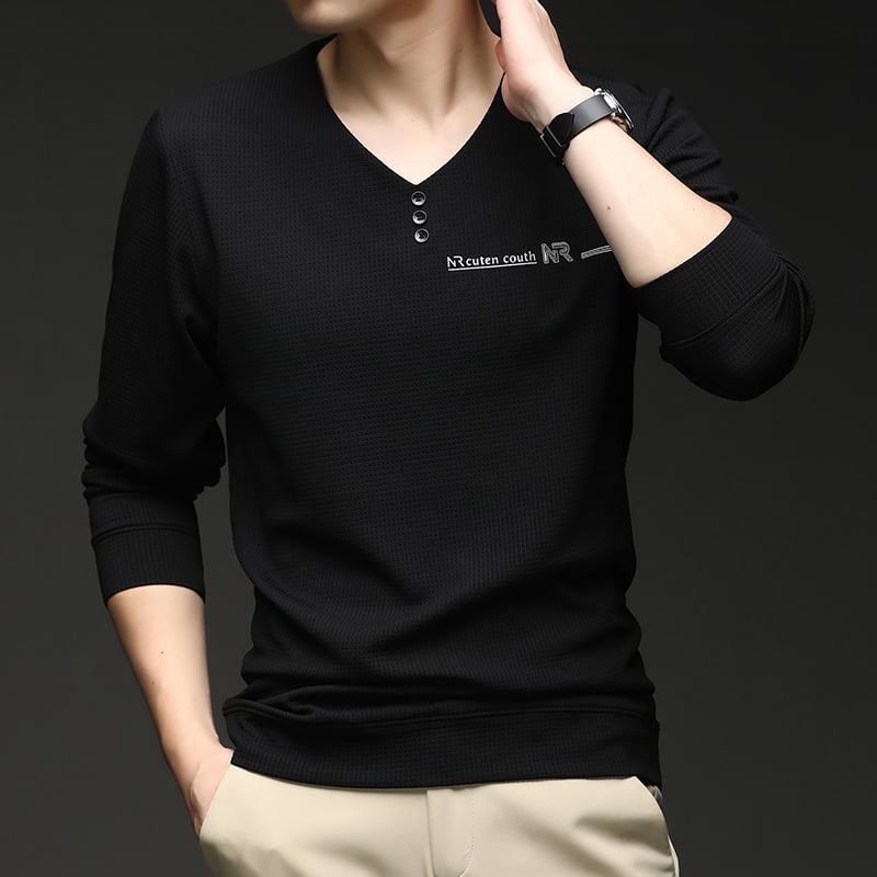 Vyriški marškinėliai su V formos iškirpte, ilgomis rankovėmis, geometriniu spaudu, poliesterio-elastano mišinys, pavasaris ir ruduo.