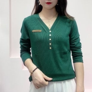 Дамска тениска с дълги ръкави и V‑образно деколте, полиестер 70–80%, 3D ефект, стандартна дължина 50–65 cm