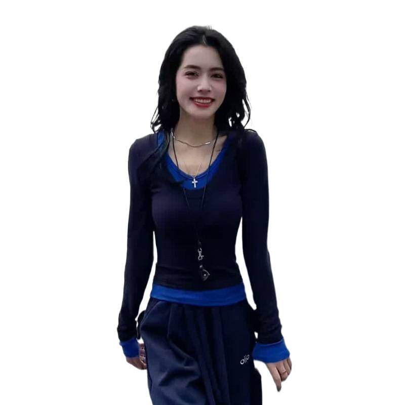 Γυναικεία μπλούζα με κουκούλα και μακριά μανίκια — οπτική ψευδαίσθηση δύο μερών, 90–95% βαμβάκι, στρογγυλή λαιμόκοψη, καθημερινό στυλ