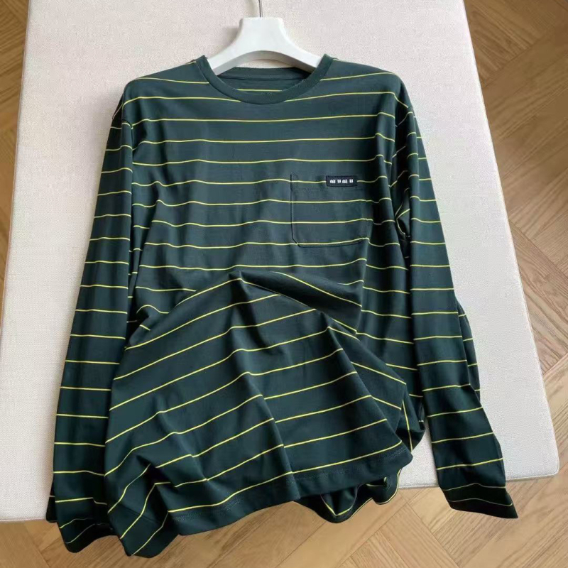 Majica s dugim rukavima, okrugli izrez, prugasti uzorak, 95% pamuk, neutralni japansko-korejski stil za slobodno vrijeme