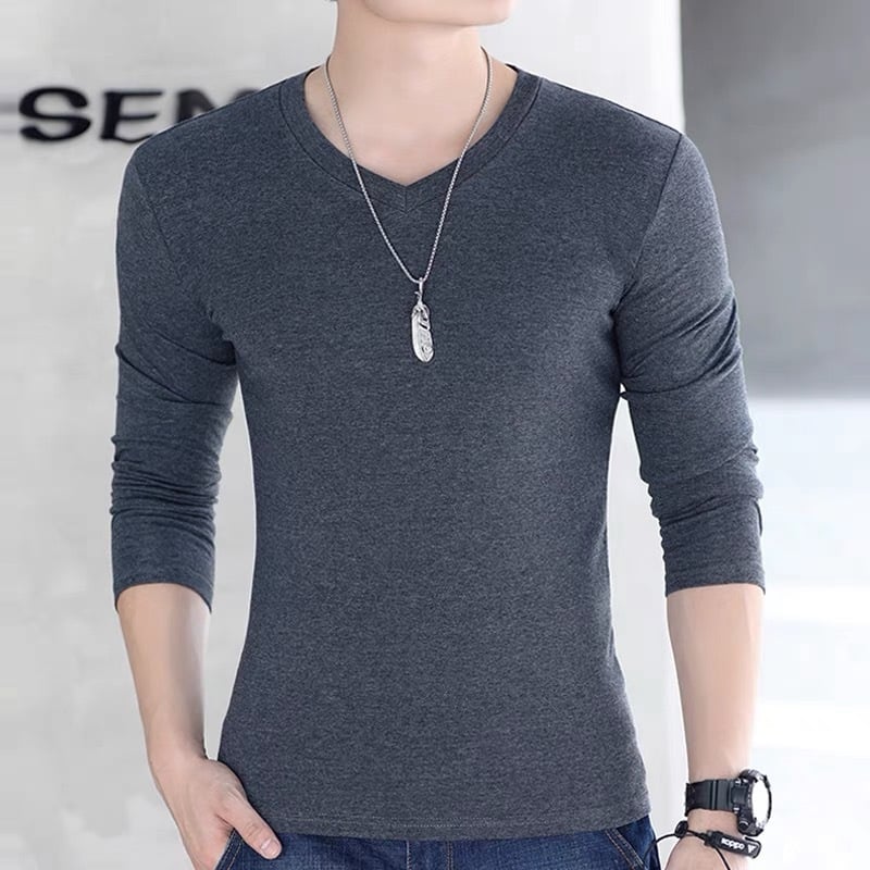 Мъжка тениска с дълги ръкави, Slim fit, без яка, полиестерова смес, едноцветен дизайн