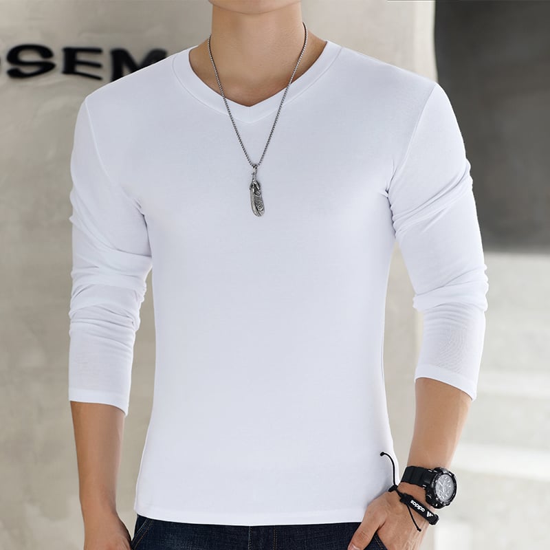 Мъжка тениска с дълги ръкави, Slim fit, без яка, полиестерова смес, едноцветен дизайн