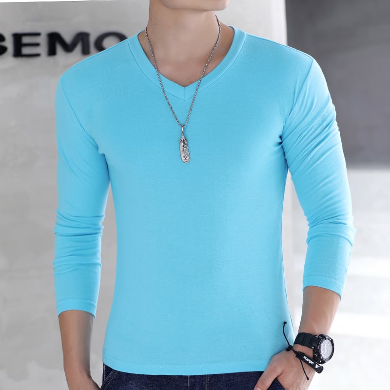 Мъжка тениска с дълги ръкави, Slim fit, без яка, полиестерова смес, едноцветен дизайн