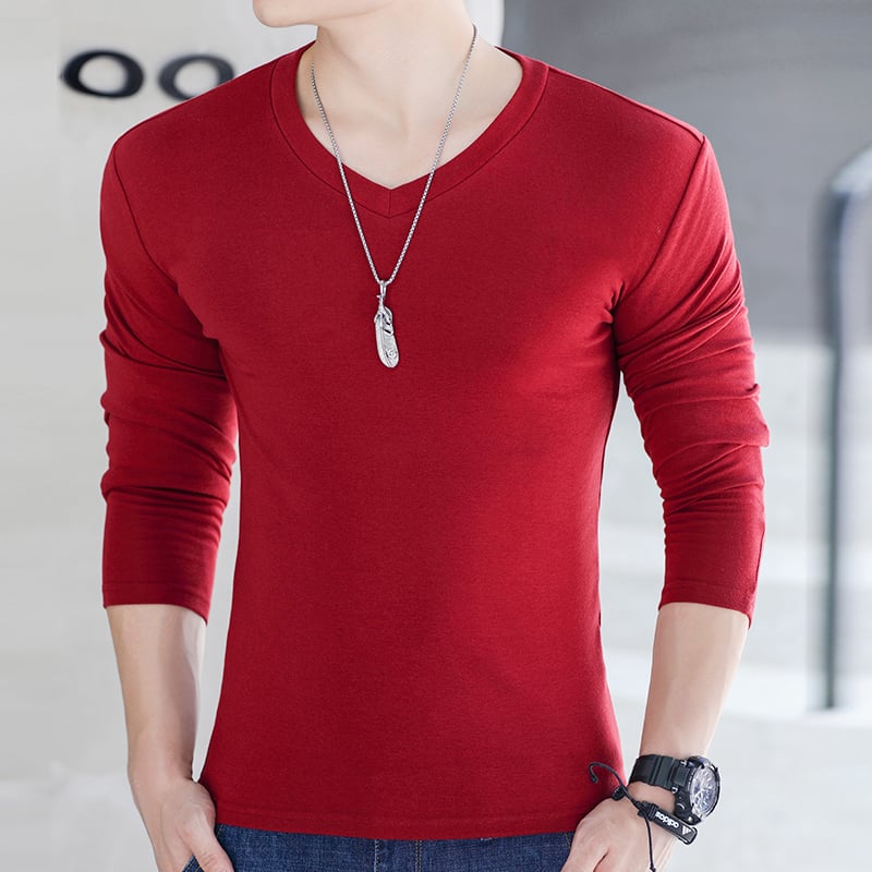 Мъжка тениска с дълги ръкави, Slim fit, без яка, полиестерова смес, едноцветен дизайн