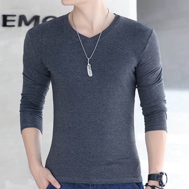 Мъжка тениска с дълги ръкави, Slim fit, без яка, полиестерова смес, едноцветен дизайн