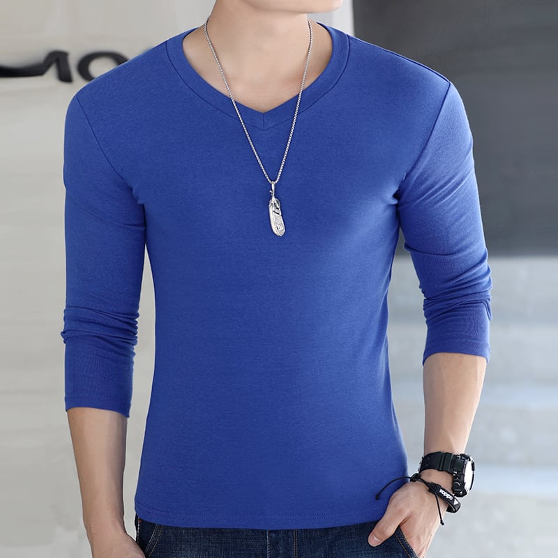 Мъжка тениска с дълги ръкави, Slim fit, без яка, полиестерова смес, едноцветен дизайн